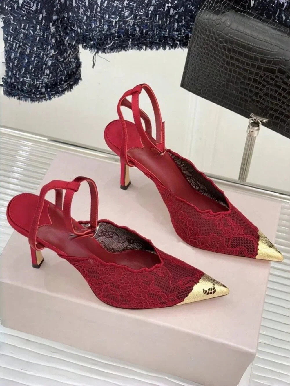 Red Fashionable Women's Lace Pointed Toe Stiletto Heel